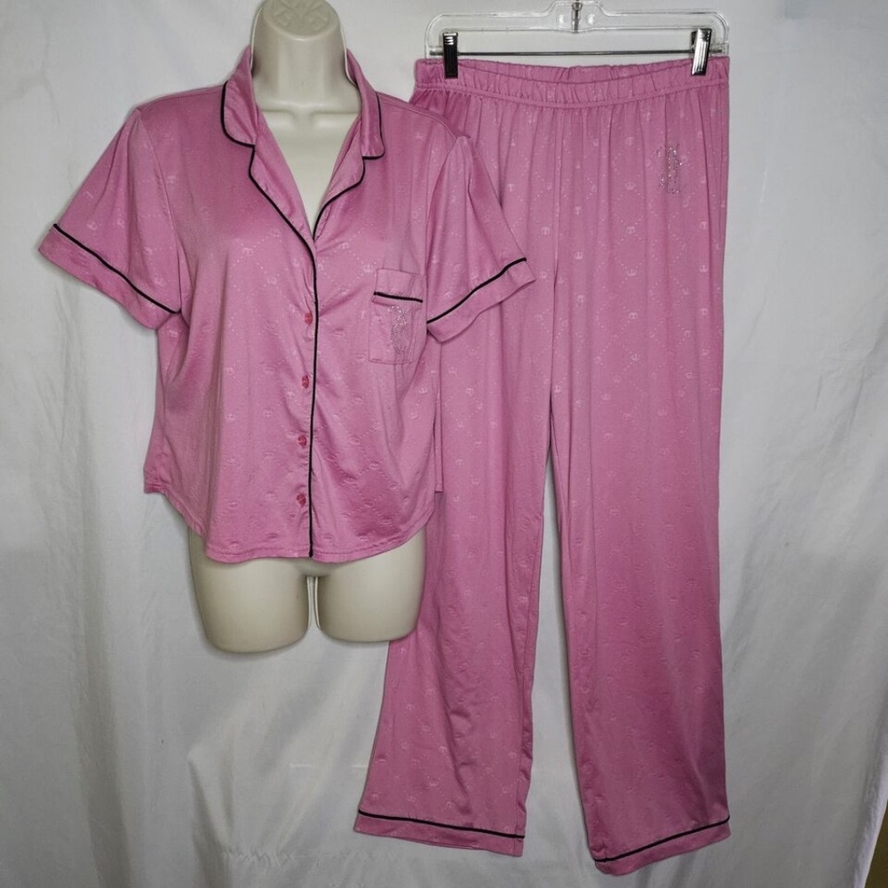 Womens Juicy Couture Sleepwear Pink 2 Piece Pajama Set Bling Crown Textured Sz M